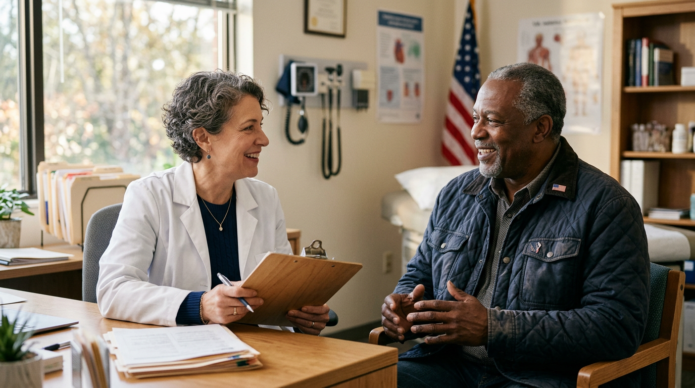 A VA clinician taking a veteran's military exposure history across a desk