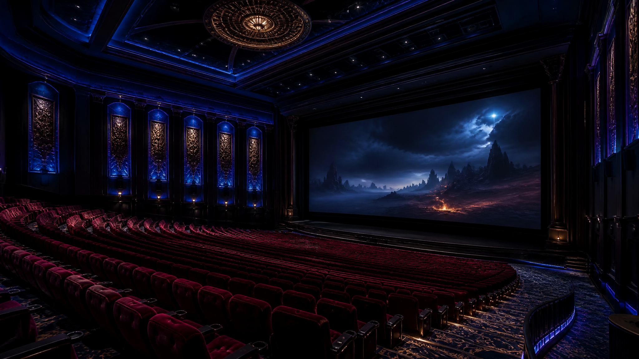 Grand virtual theater with luxurious velvet seats and dramatic cinematic lighting