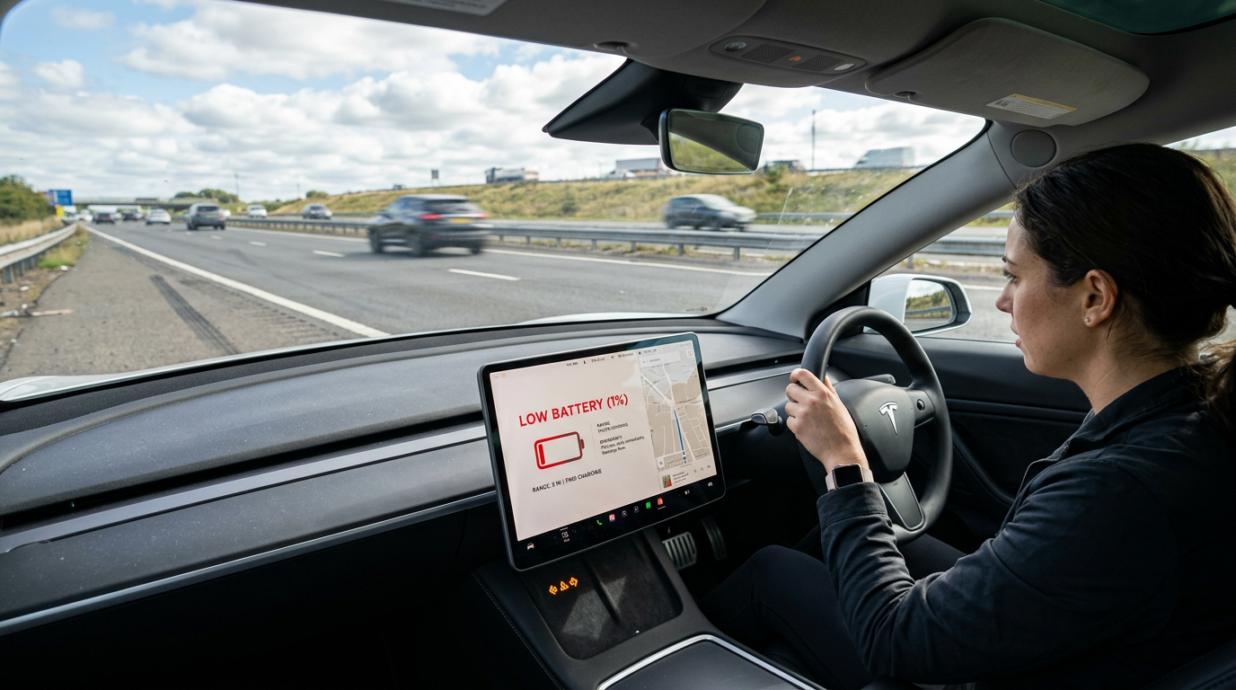 Tesla vehicle on road shoulder with low battery warning visible on dashboard