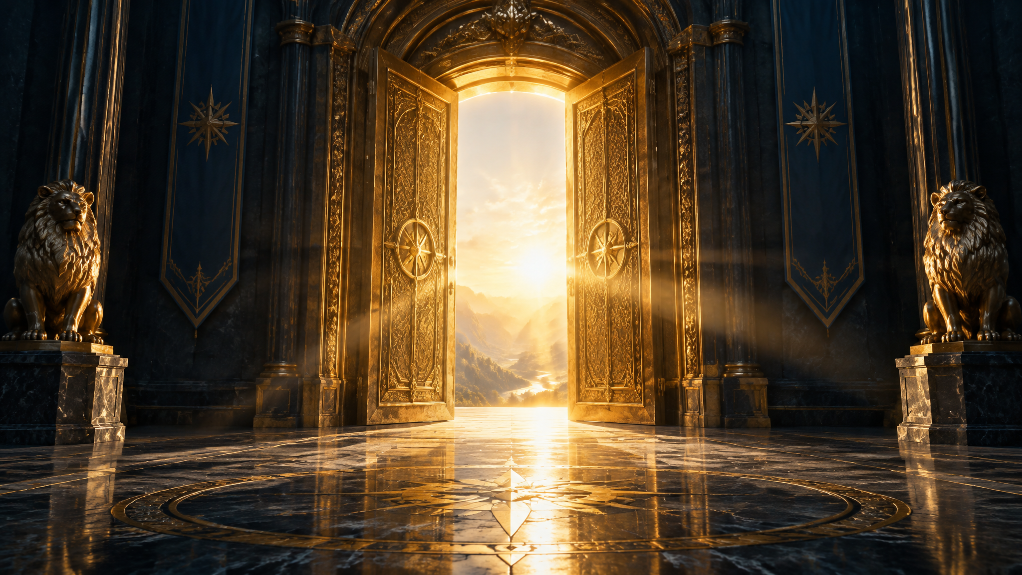 Golden door opening to bright light — transformation awaits