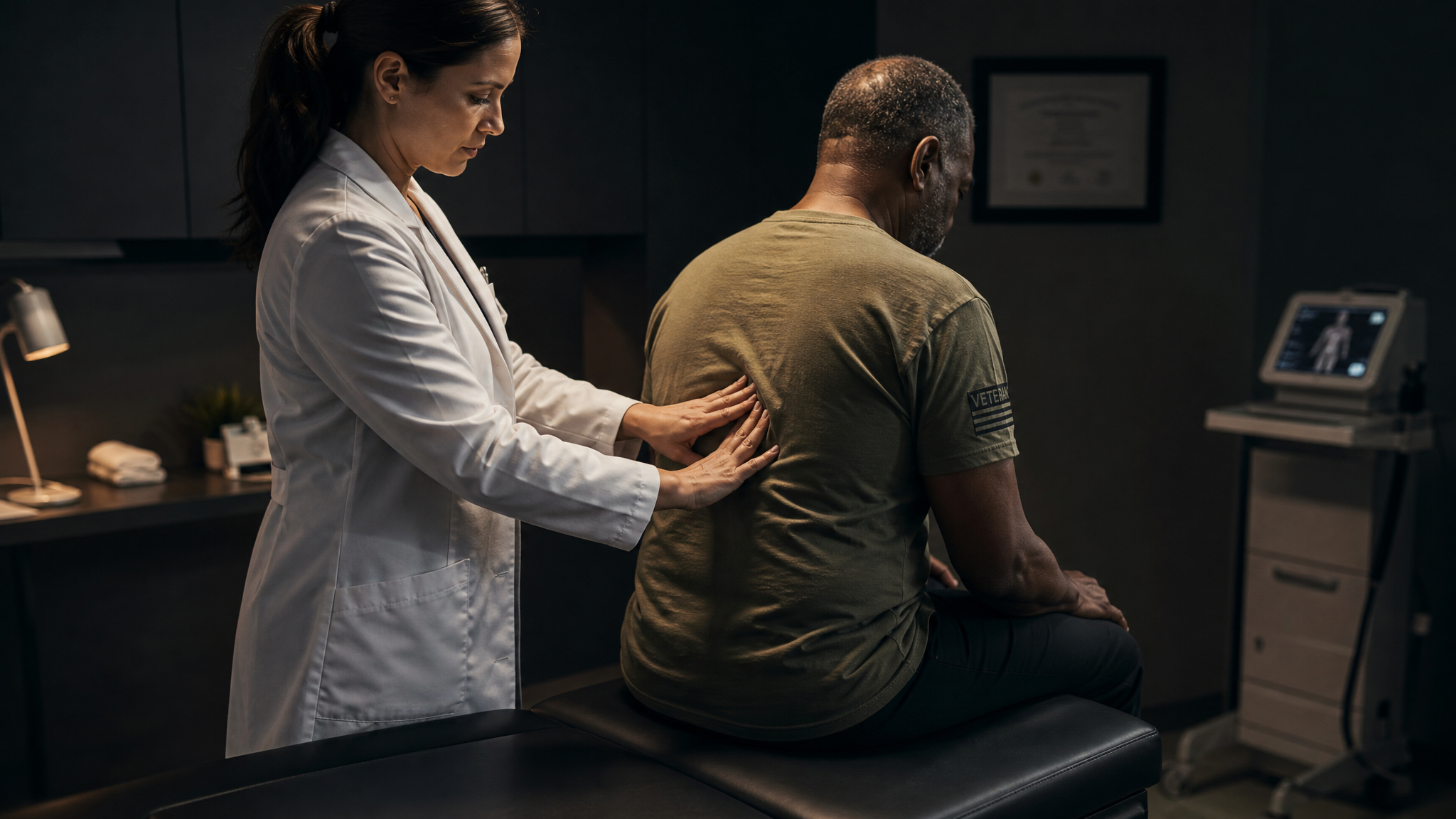 A physician pressing the middle of a seated Black male veteran's back between the shoulder blades during a mid-back examination in a clinic room