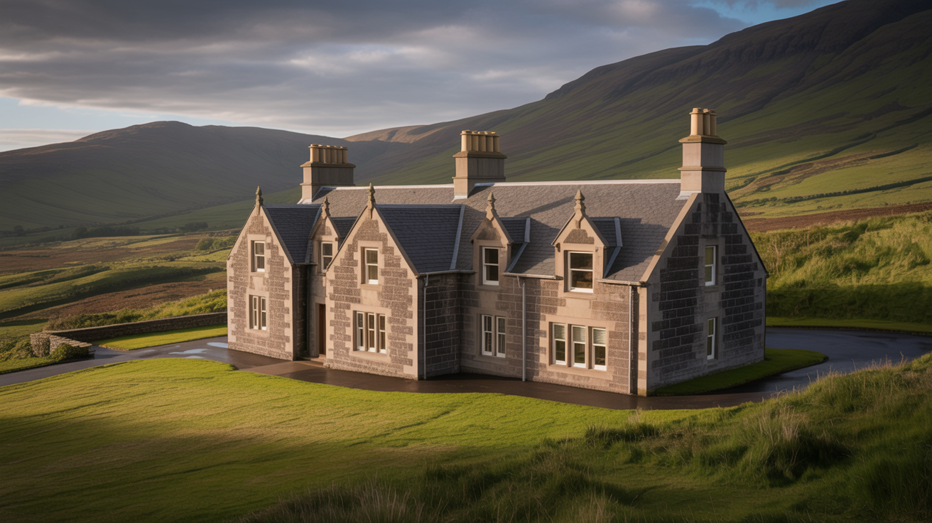Beautiful Scottish stone house with pristine slate roof in countryside