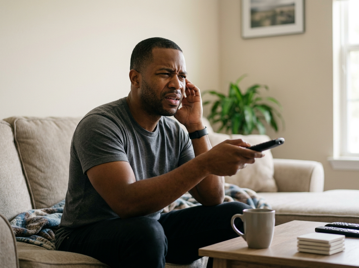 A man sitting on a couch holding a TV remote with a strained expression, unable to hear the television clearly