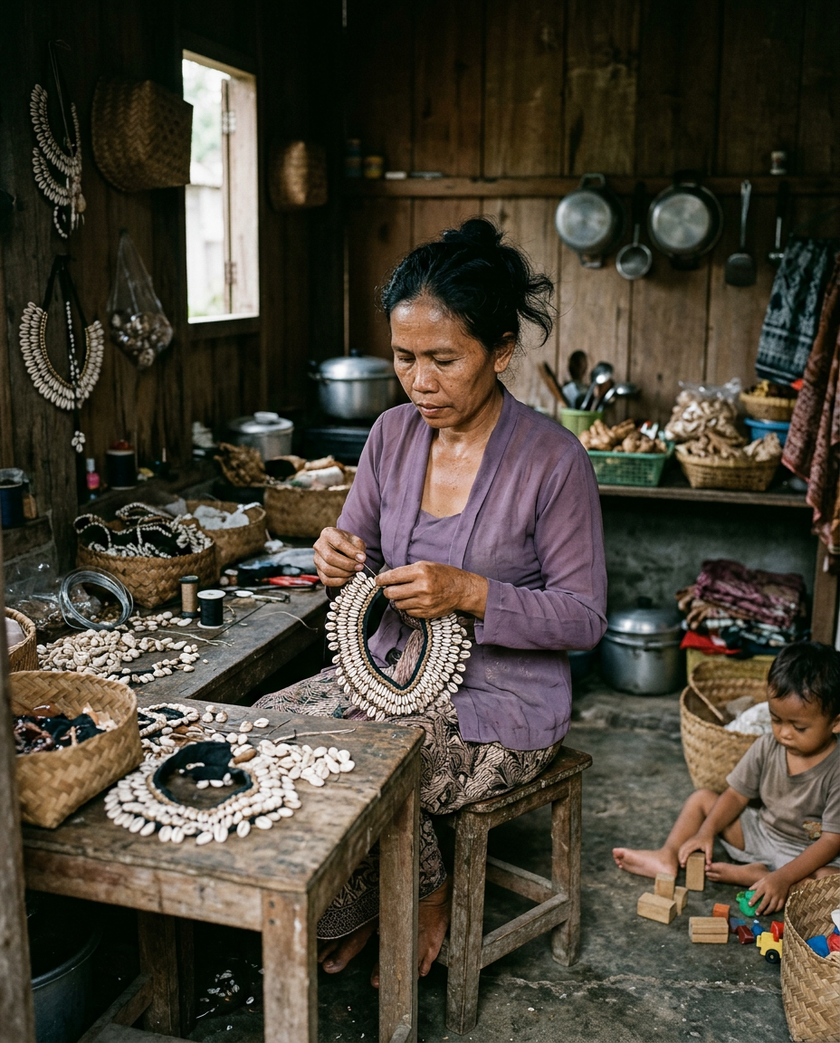 The Bali Shell Collar artisan in a Balinese workshop
