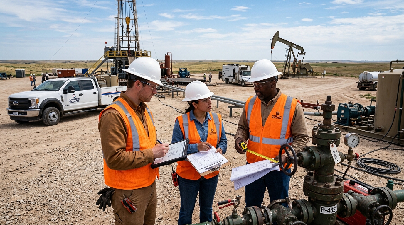 GeoCam Inc. field engineers and service truck at a well site in Texas