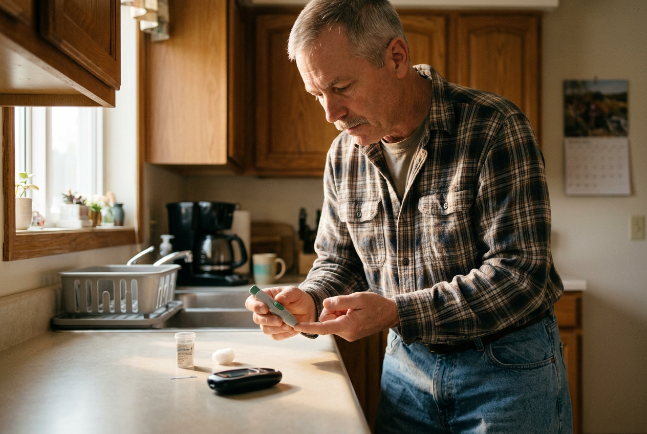 White male veteran in his 50s in his kitchen performing a finger-prick glucose test with the monitor placed face-down on the counter