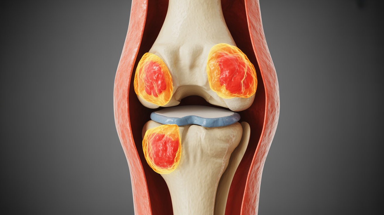 Anatomical illustration of knee joint showing cartilage and inflammation