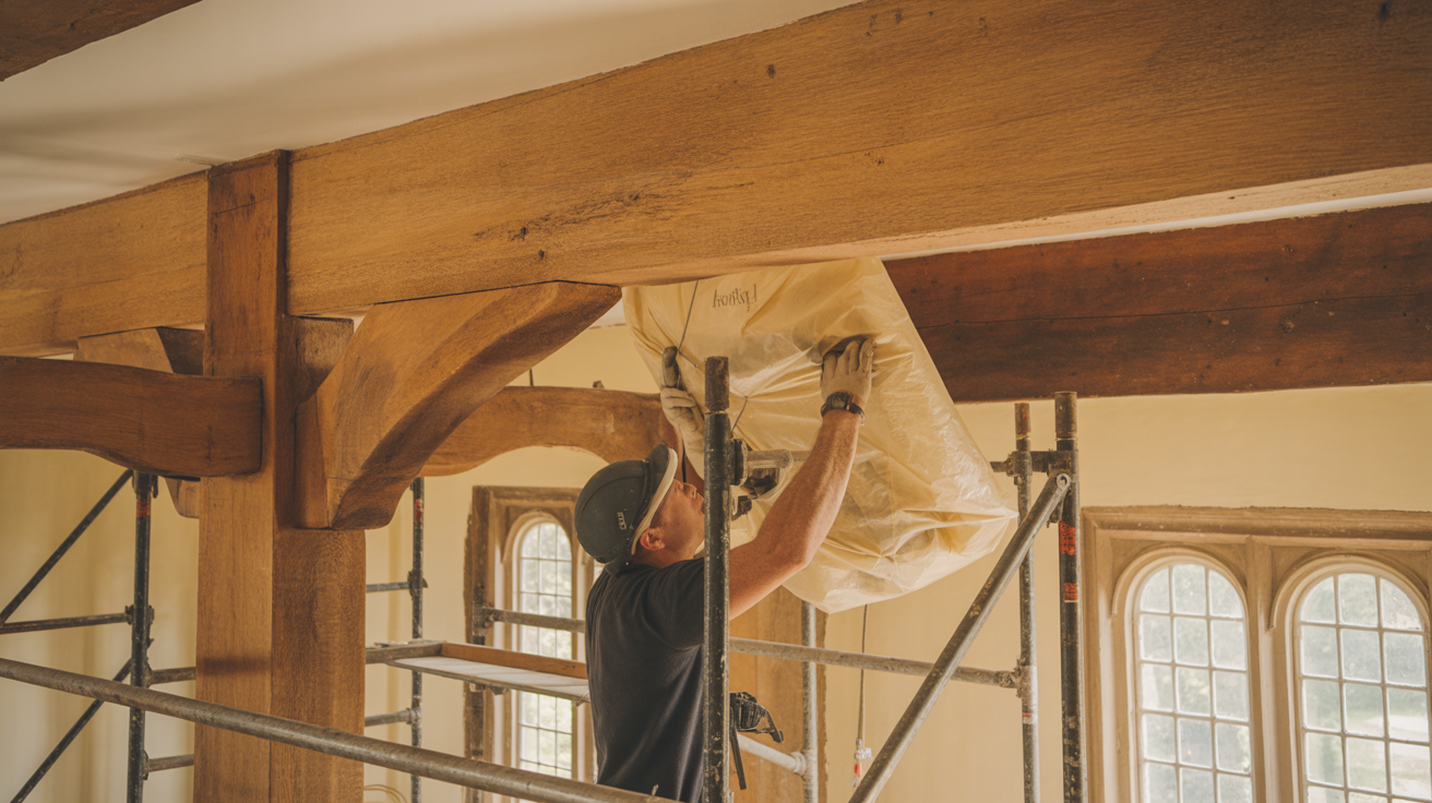 Oak beam renovation in progress on heritage property