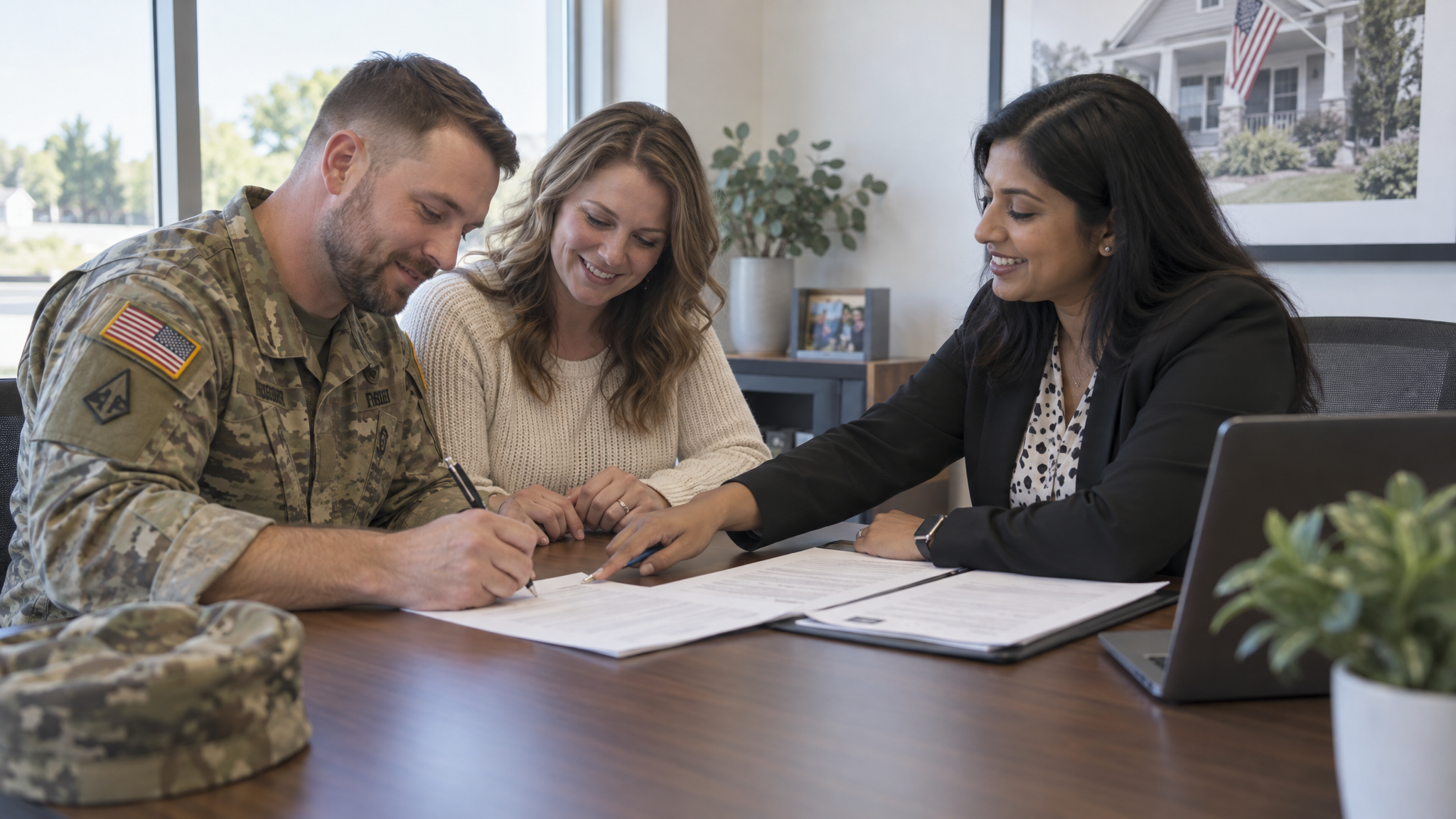 VA home loan funding fee: a veteran couple signing closing papers with their loan officer