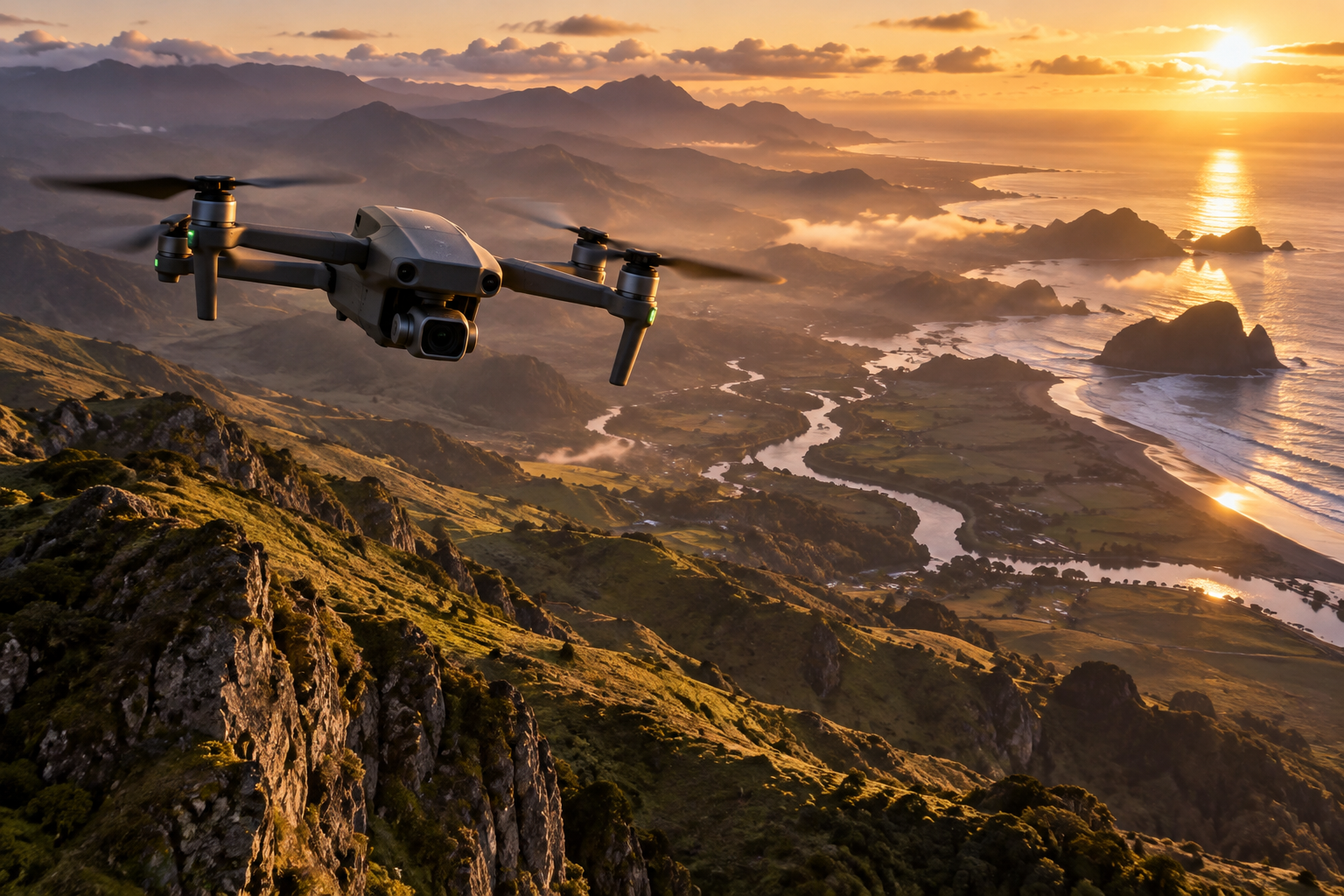 Drone flying over dramatic landscape at golden hour
