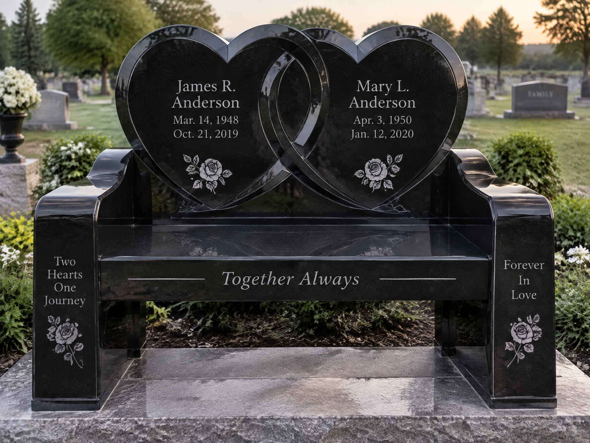 Double Heart Bench Headstone