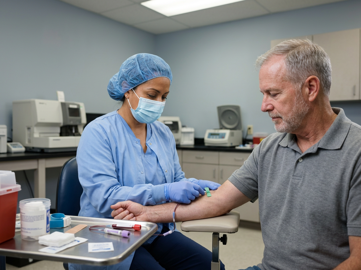 Phlebotomist drawing blood from veteran patient for fibromyalgia differential diagnosis lab work
