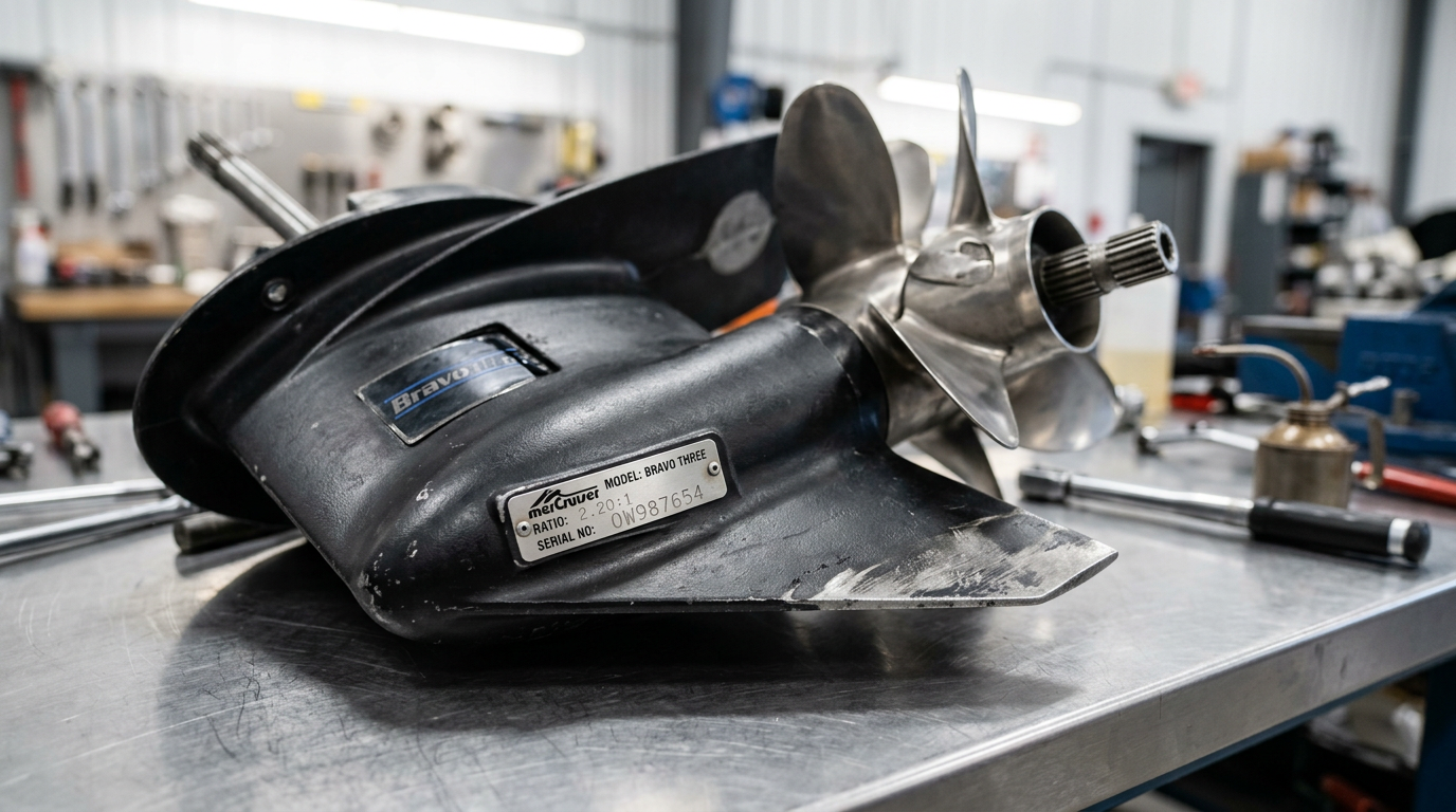 Close-up of a MerCruiser Bravo Three lower unit gearcase with visible identification tag and serial number plate on a workshop bench