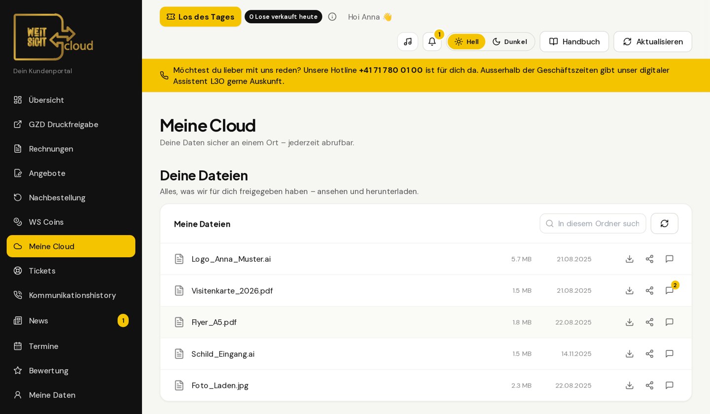 Ansicht «Meine Cloud» im WEiTSICHT Kundenportal mit Dateiliste