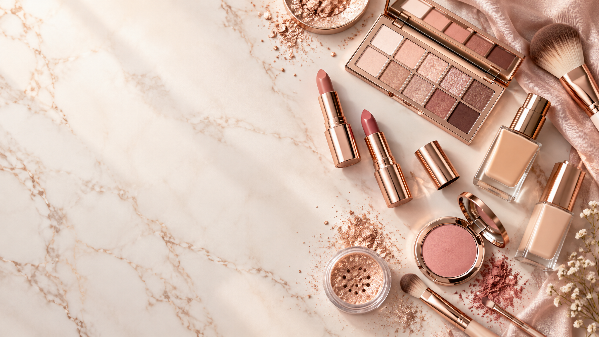 Luxury makeup products flat lay