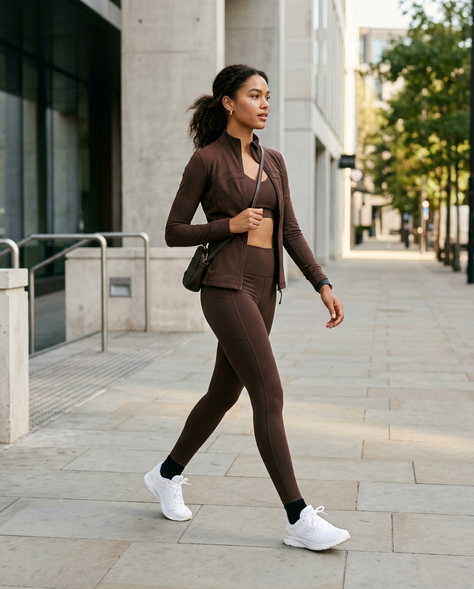 The Espresso Look: tonal espresso activewear worn on a city street