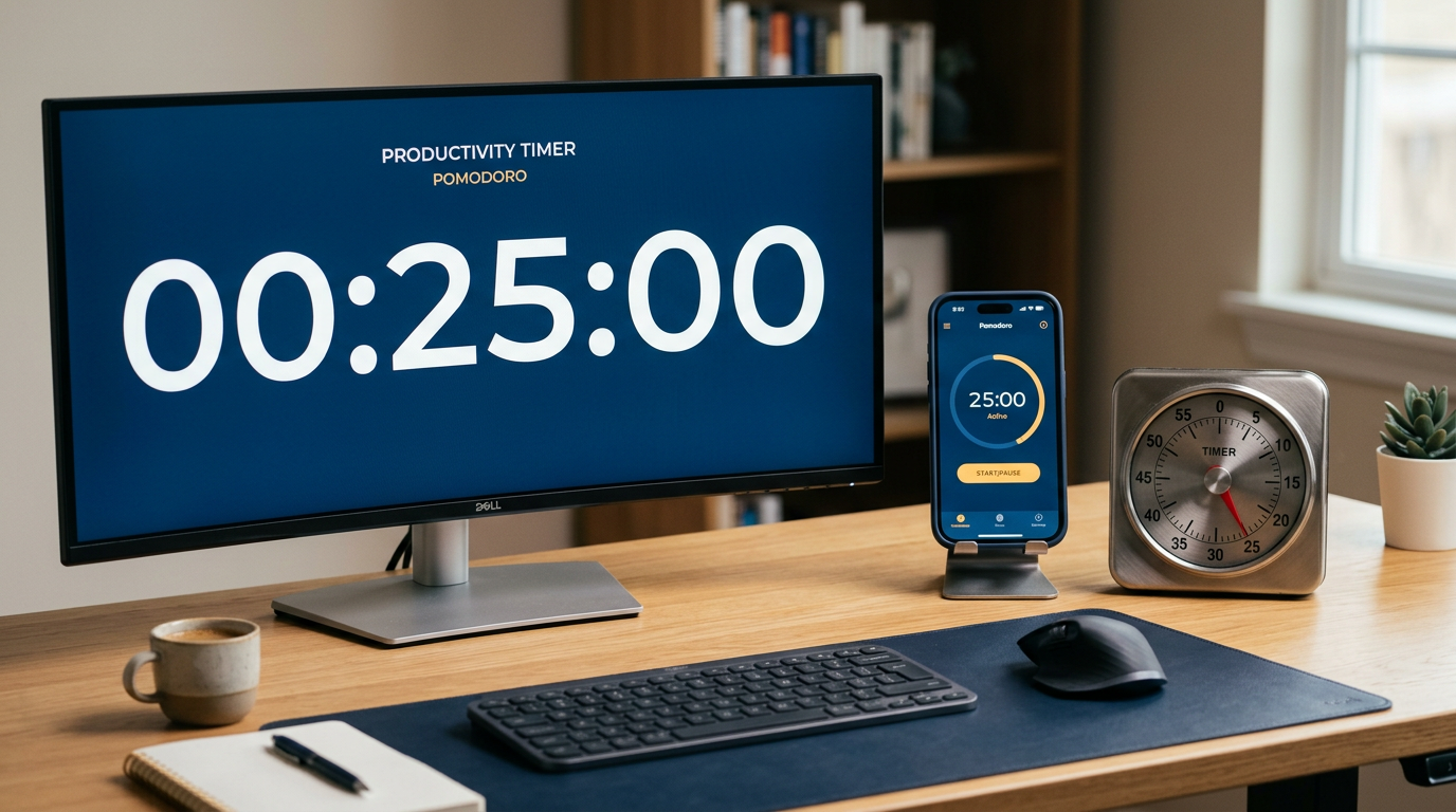 Ferramentas e apps para Pomodoro — timer digital, smartphone e timer analógico