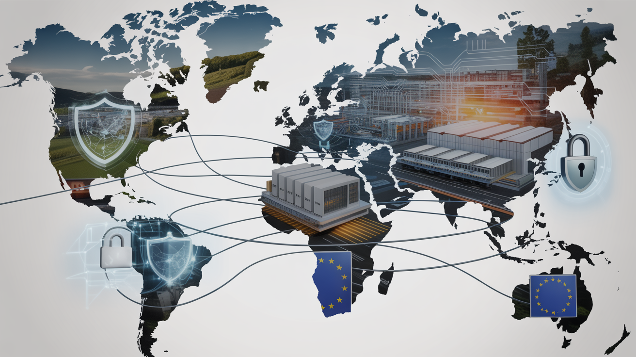 Professional illustration depicting a global manufacturing supply chain network with interconnected industrial facilities across a world map, overlaid with digital cybersecurity shields and protective barriers, representing EU Cyber Resilience Act and NIS-2 Directive compliance requirements for global manufacturing operations