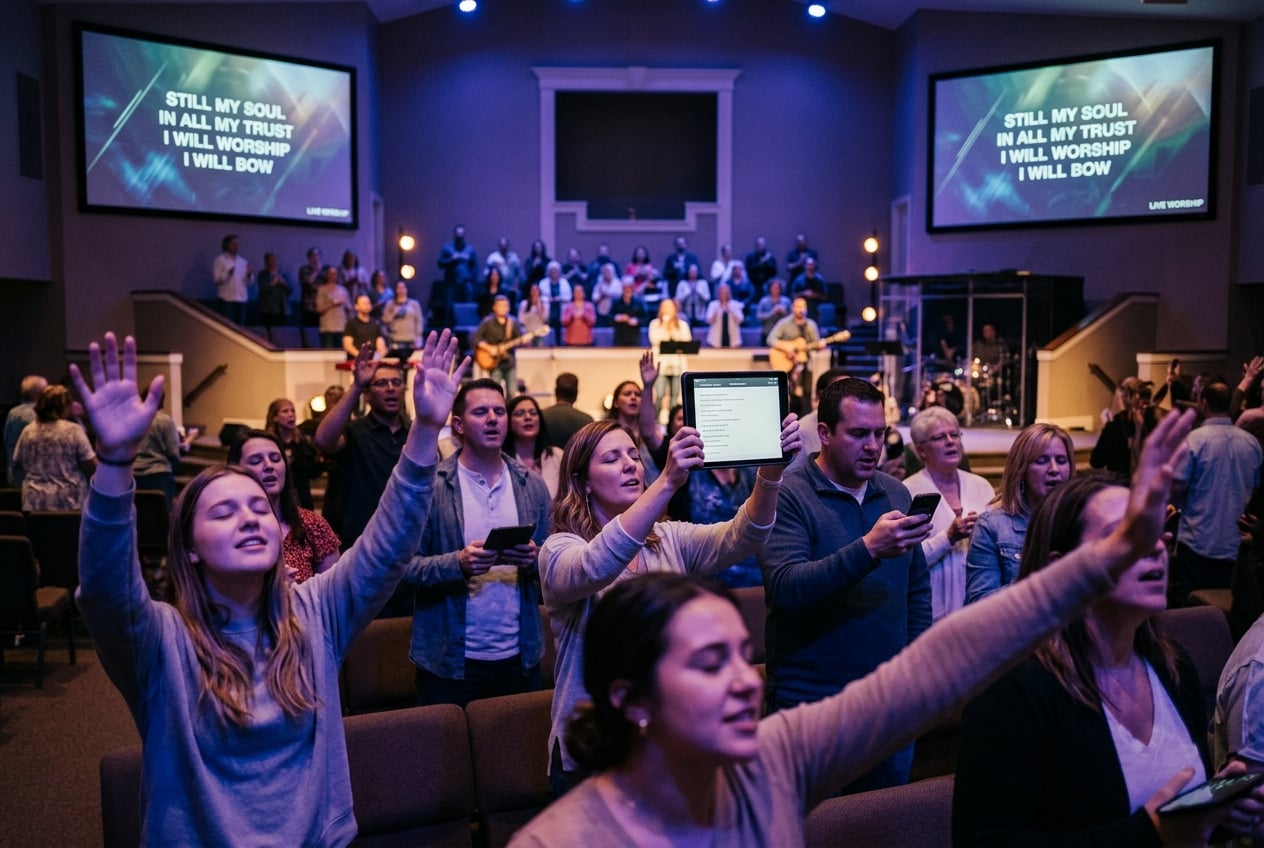 Believers in worship blending faith and modern technology