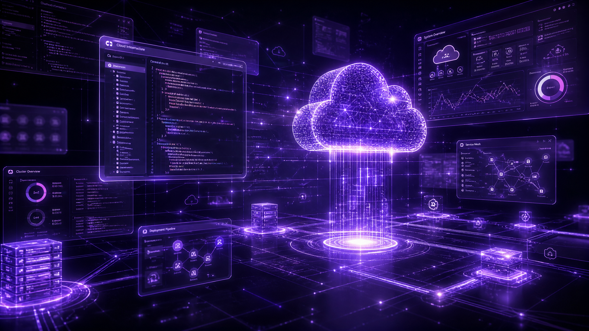 Abstract visualization of software and cloud infrastructure with glowing violet holographic panels and connected nodes