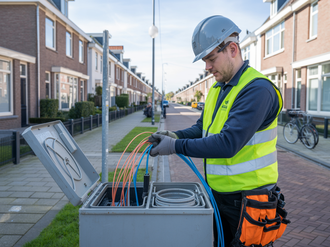 AM Techconnect monteur bij glasvezel installatie in een Nederlandse wijk