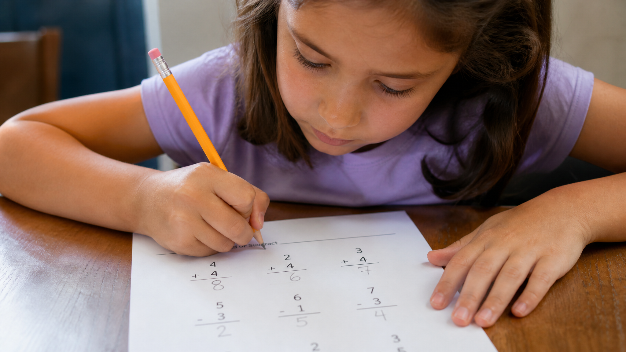 Elementary student solving math problems on a Kumon worksheet at a tutoring center in McKinney TX