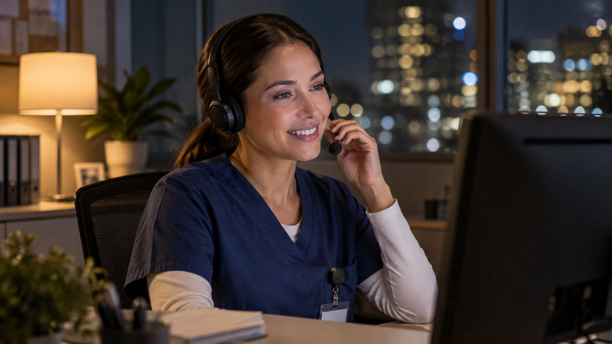 Medical call center agent with a headset answering a patient call at night