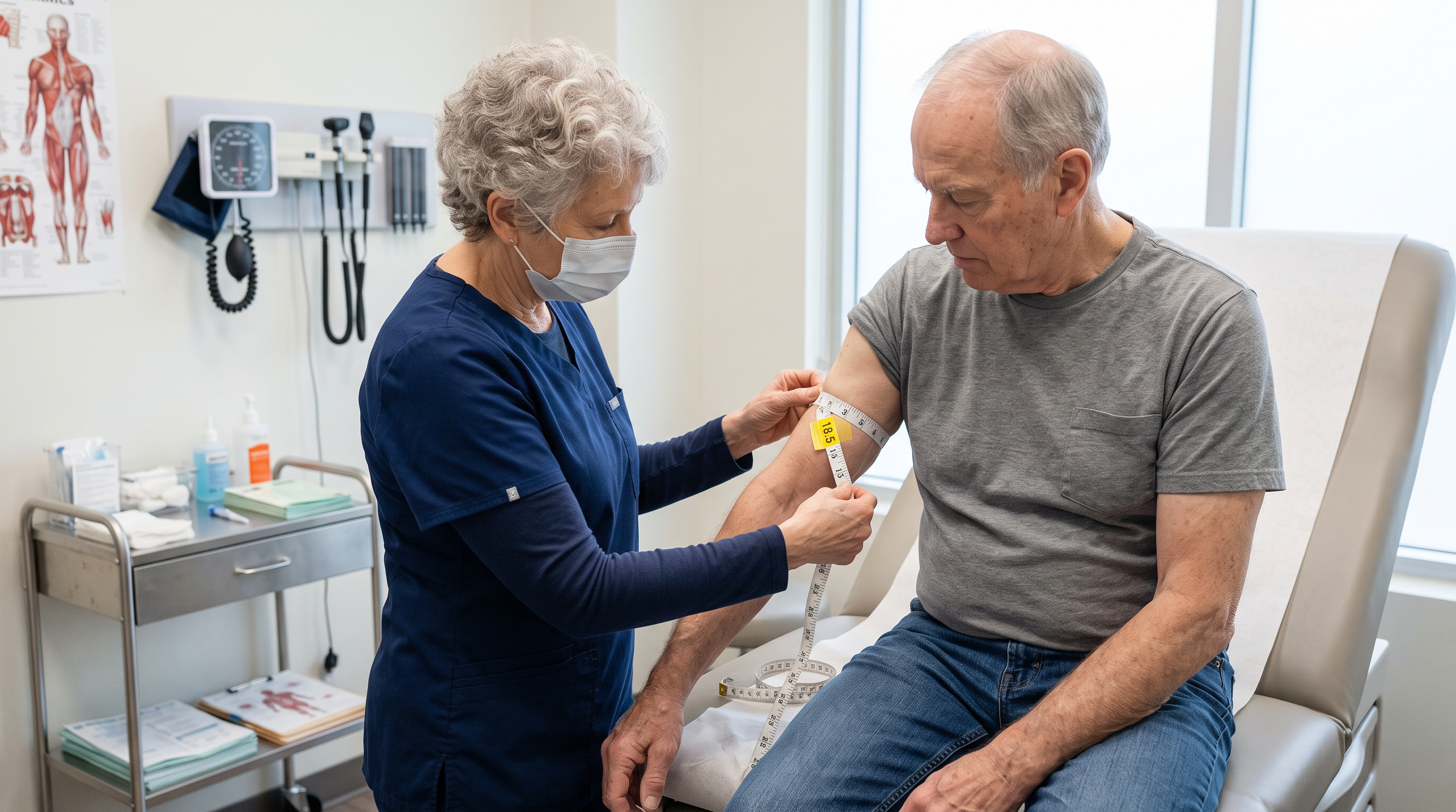 A masked clinician measuring an older white man's forearm circumference with a tape at a marked landmark, comparing both arms for muscle atrophy