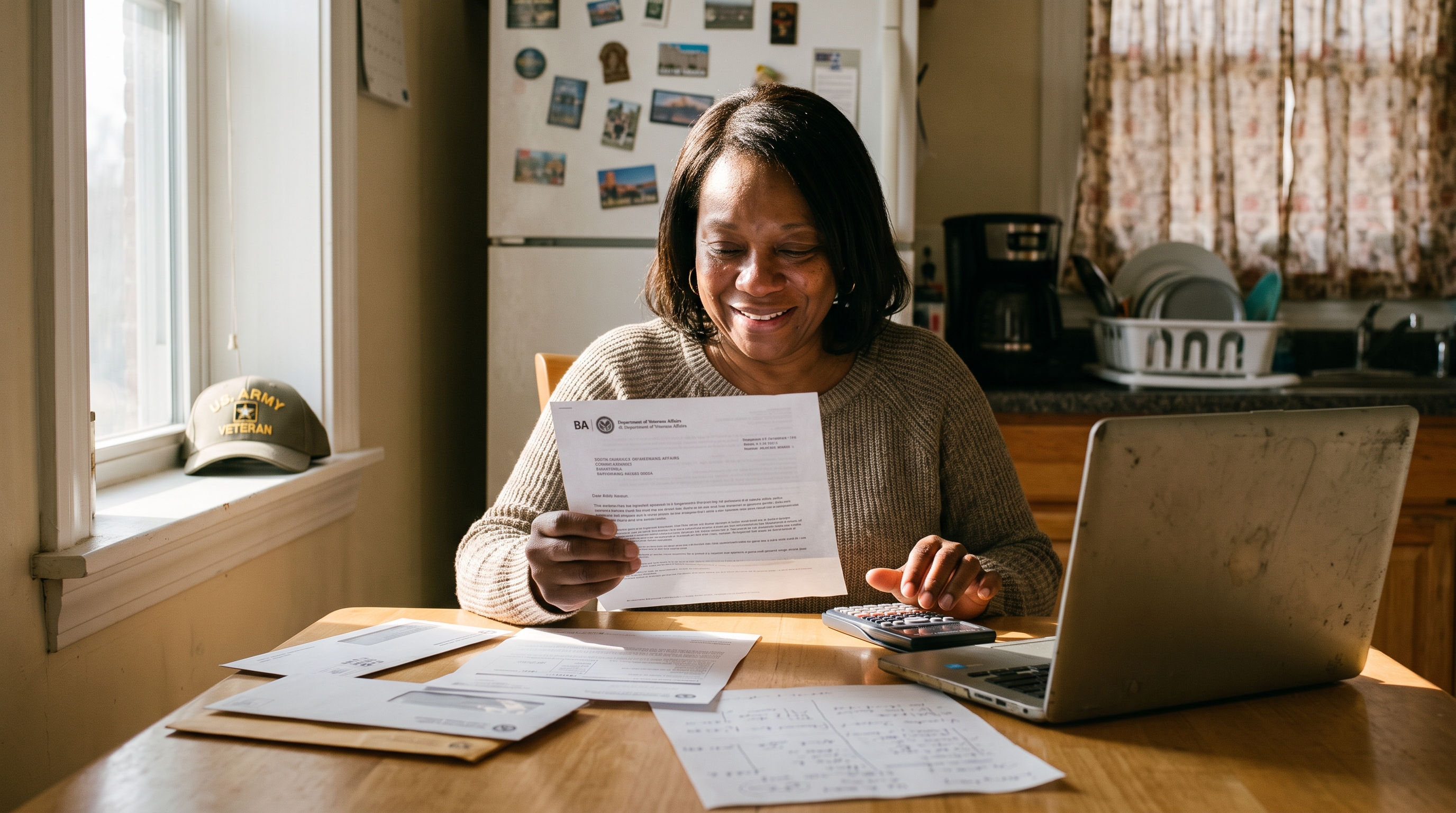 A veteran at her kitchen table reviewing a VA decision letter and realizing she is owed back pay