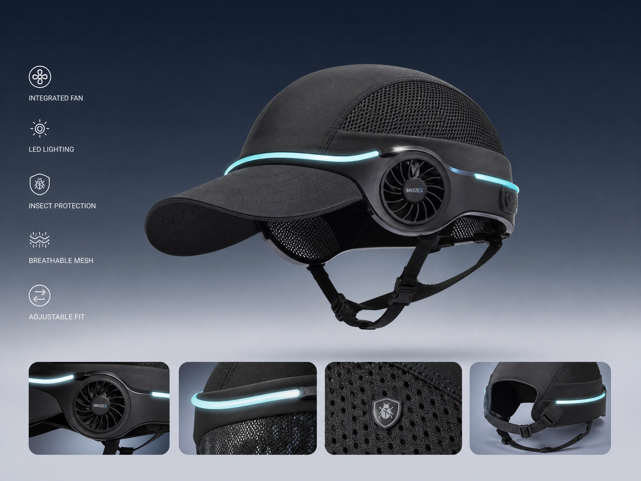 Breeze Crown wearable outdoor device with integrated fan, bug shield and illumination