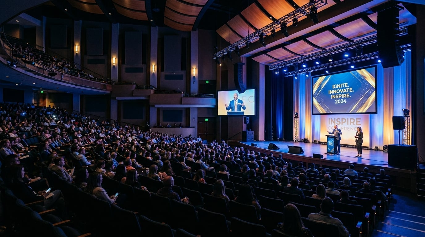 Conference auditorium with stage lighting