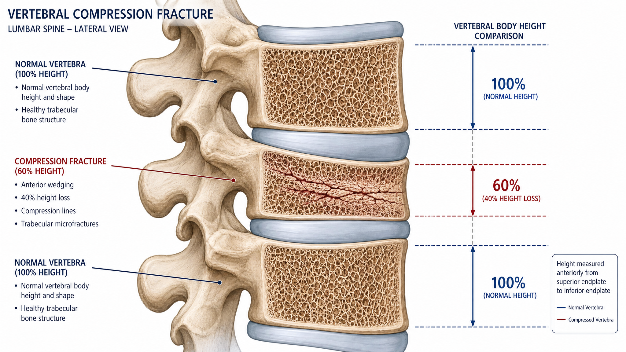 Anatomical illustration of a vertebral compression fracture showing measured loss of vertebral body height