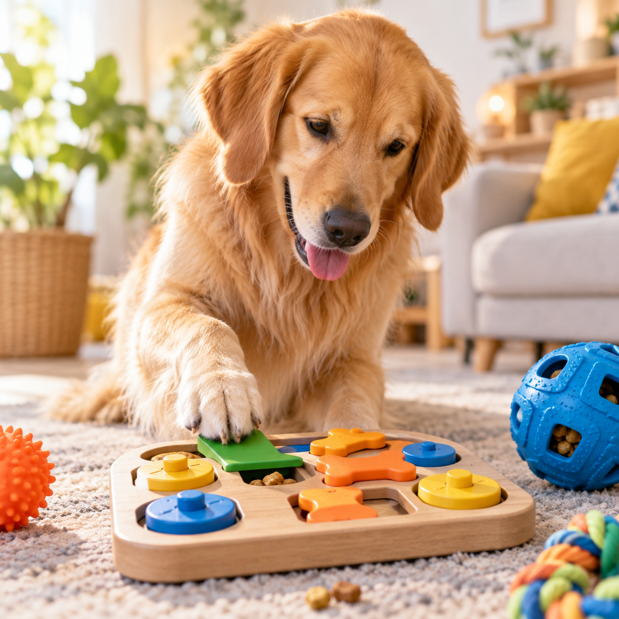 Happy dog engaged in brain training puzzle activity