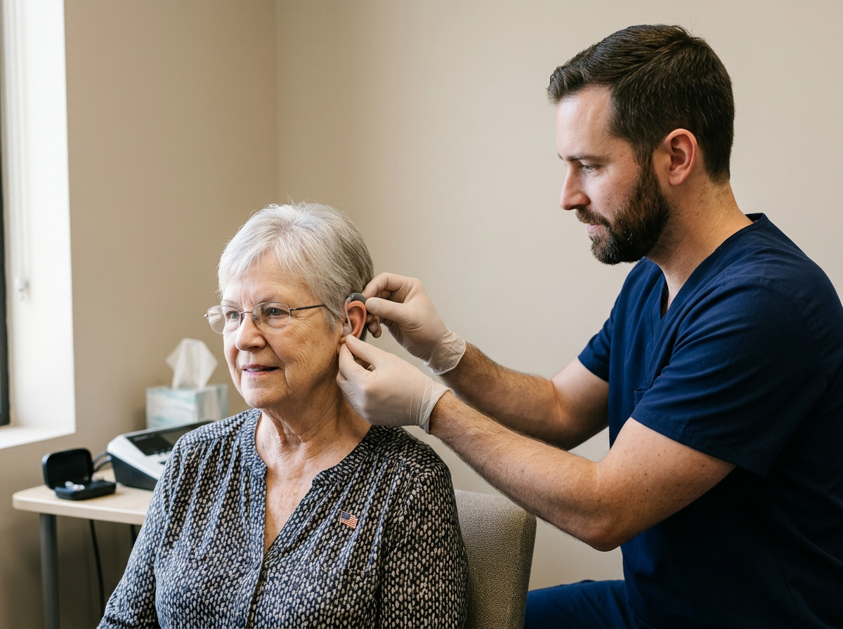 A clinician fitting a hearing aid on an older veteran patient during a clinical appointment