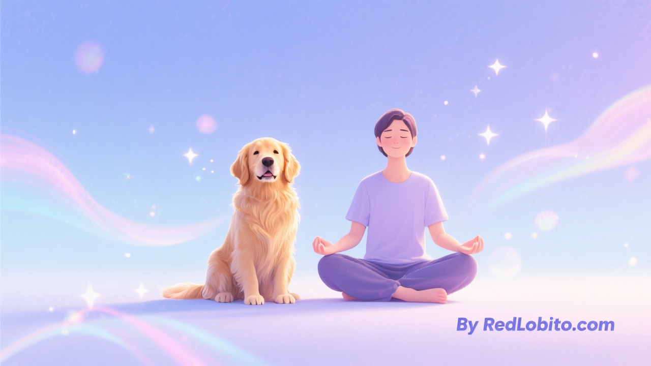 Golden retriever and owner meditating together, peaceful pastel blue and lavender, Pet Lessons Stillness Forgiveness, By RedLobito.com