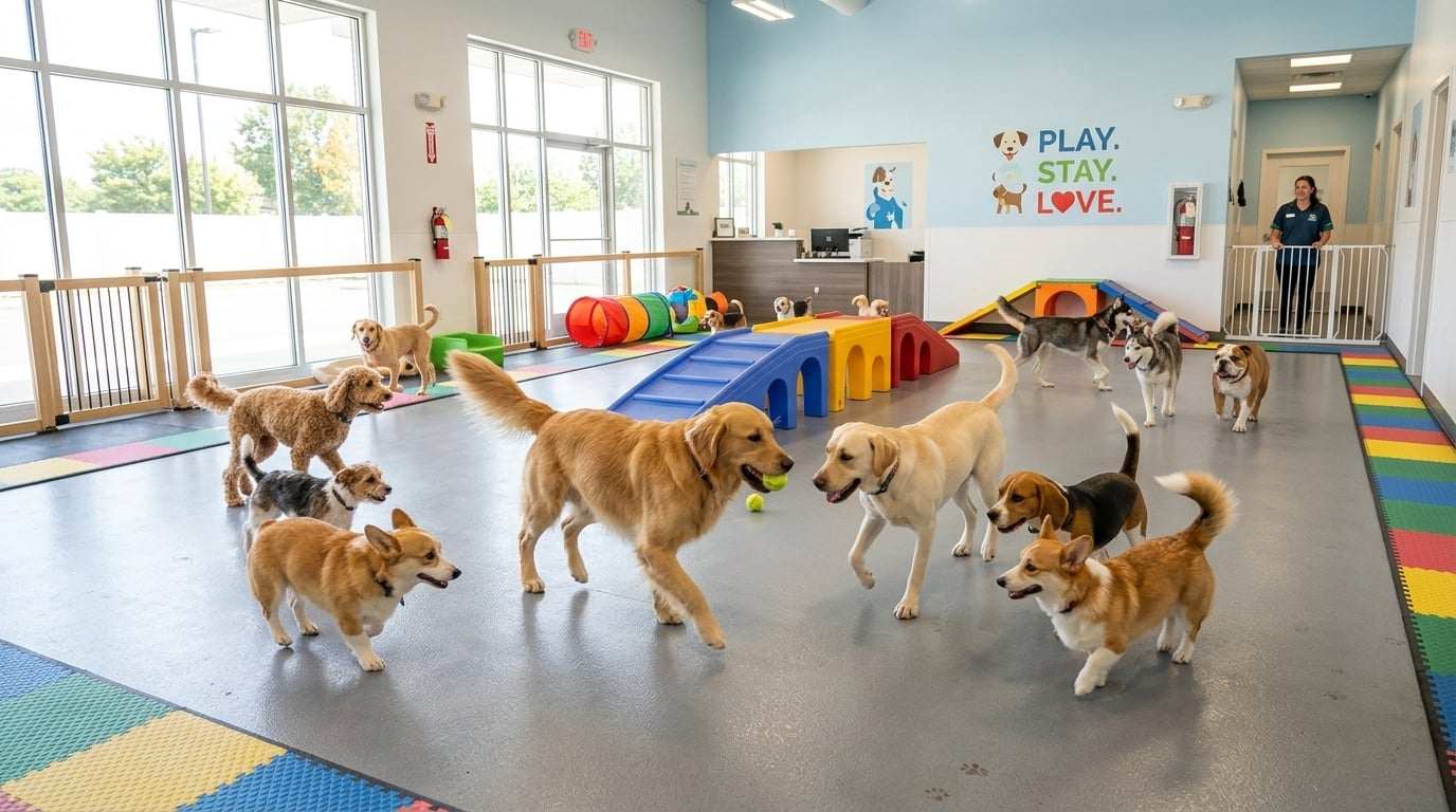Happy dogs playing at Pixee's Paws Pet Palace doggy daycare in DFW