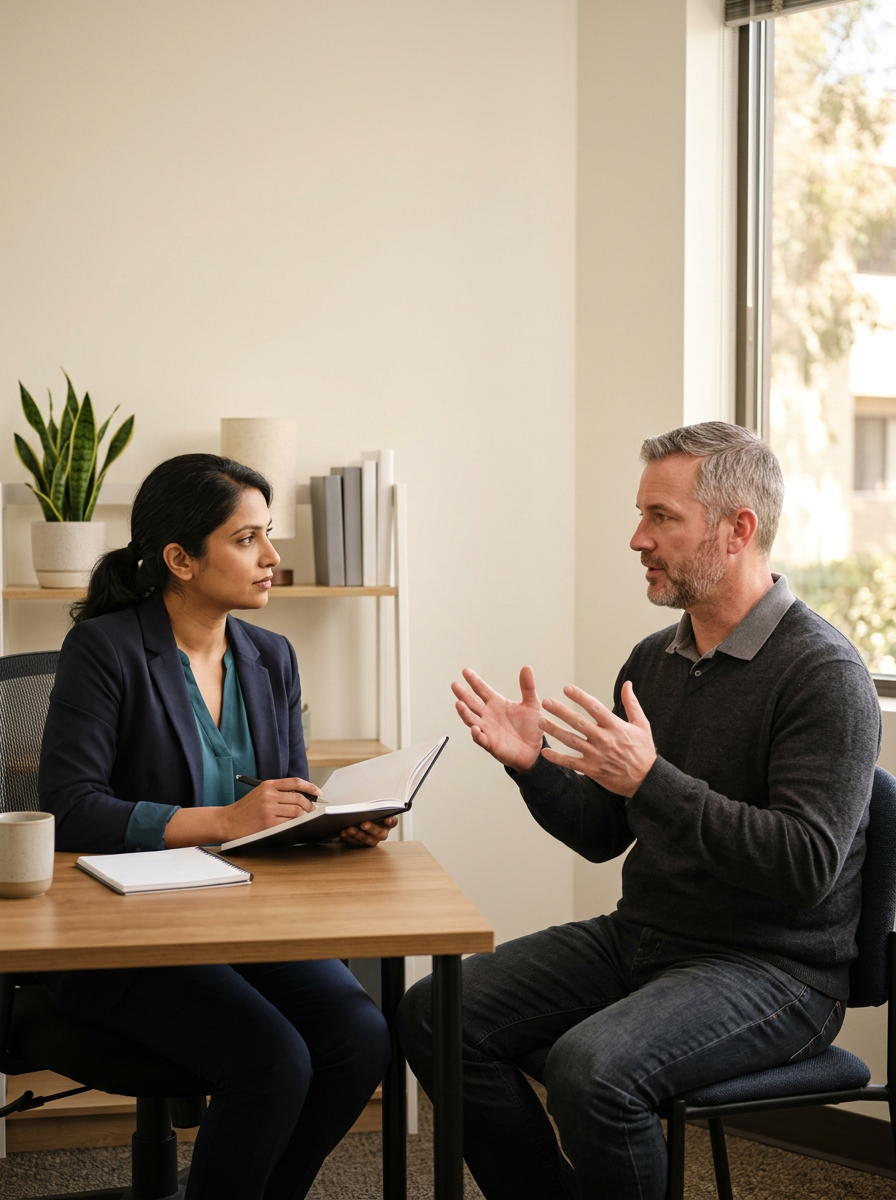 South Asian female counselor at an office desk across from a white male veteran discussing functional limitations of hip flexion