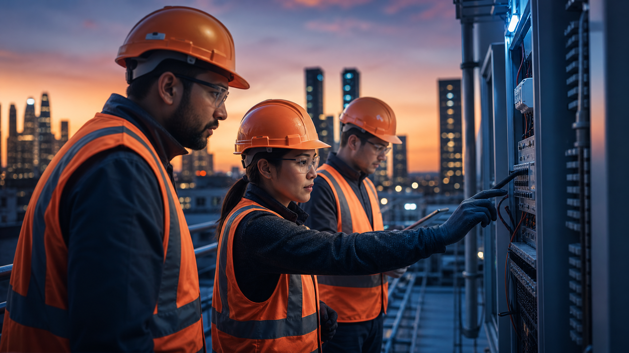 Engenheiros eletricistas trabalhando em obra