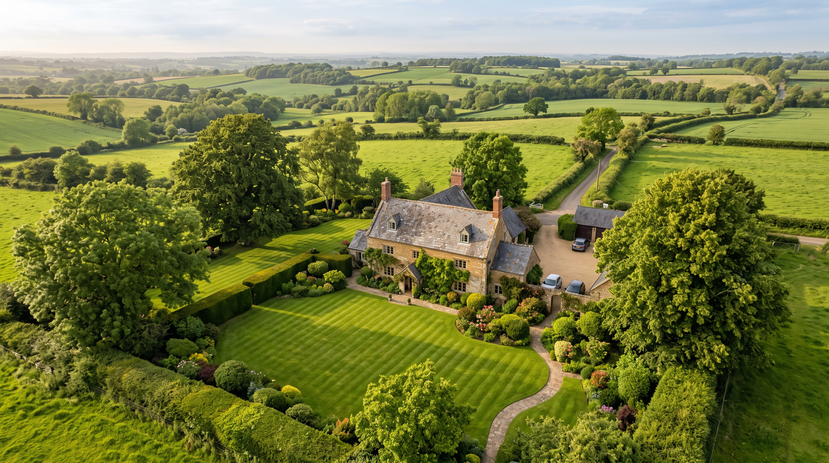 Well-maintained English country garden in Northamptonshire with mature trees and hedges