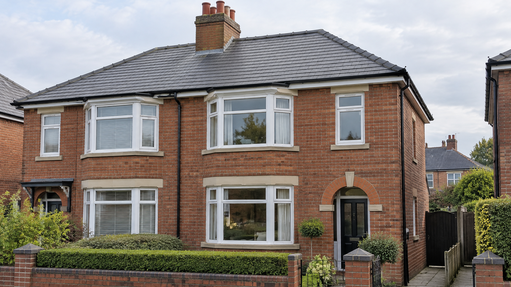 Red-brick UK semi-detached house with a newly installed slate roof