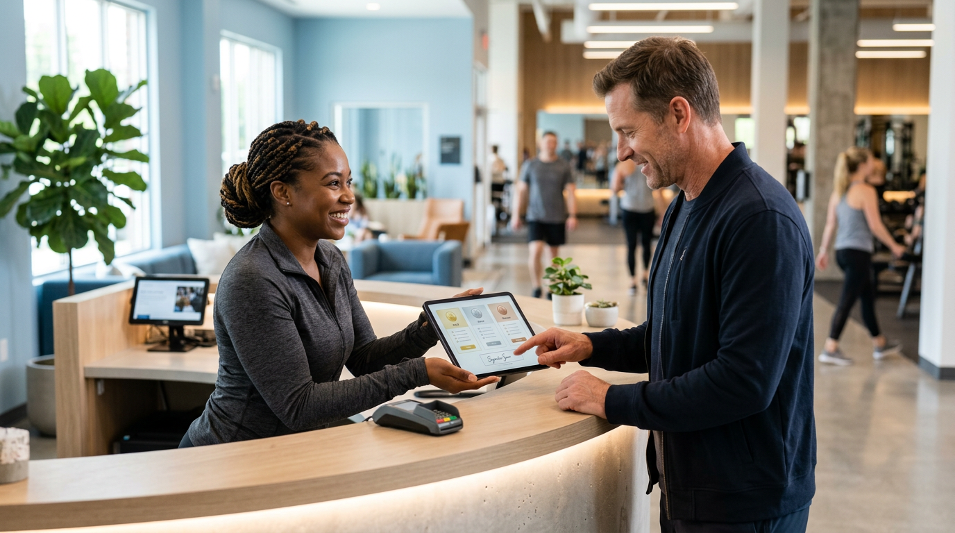 Front desk staff showing membership tier options on a tablet