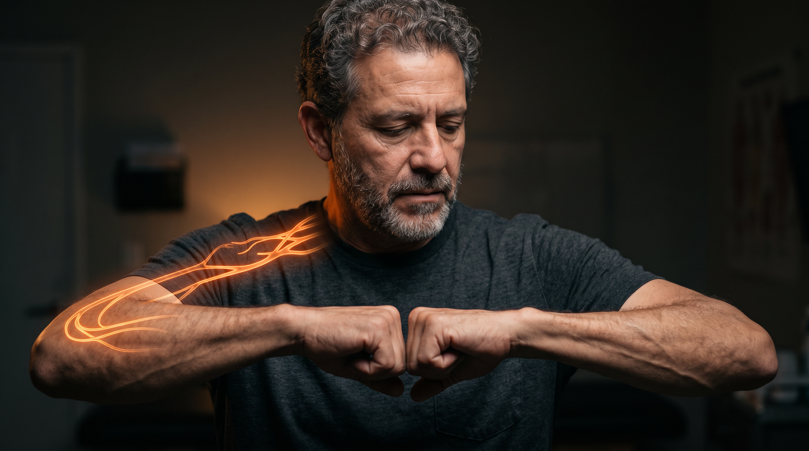 A Hispanic man in his fifties holding out both forearms to compare them, one visibly thinner from muscle atrophy, with comparison labels and a tape measure