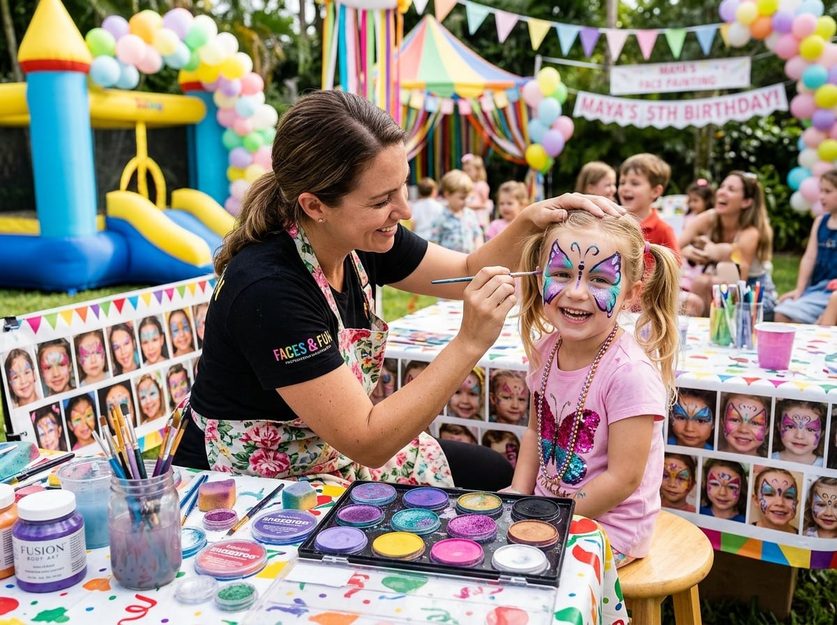 Artista profesional de face painting trabajando en fiesta