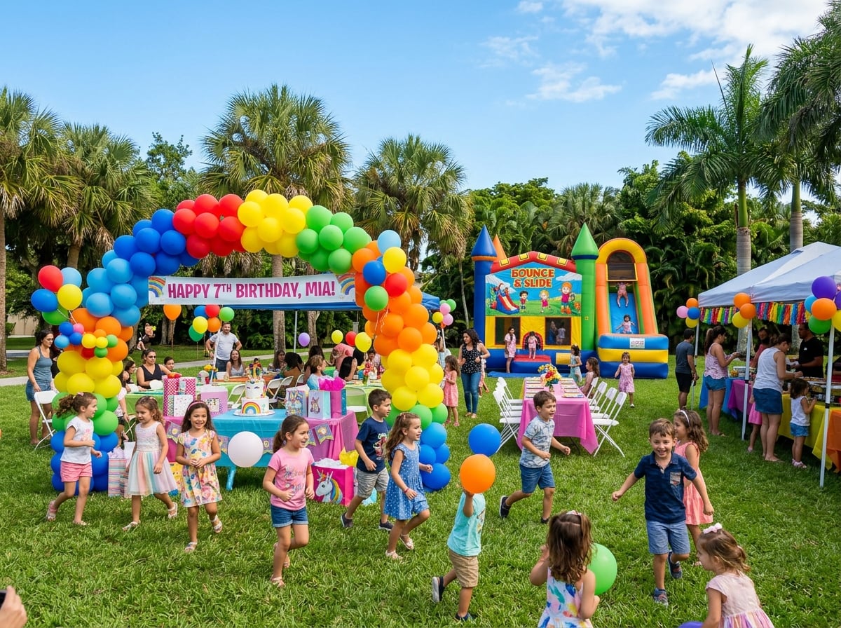 Fiesta de cumpleaños al aire libre con globos y decoración completa