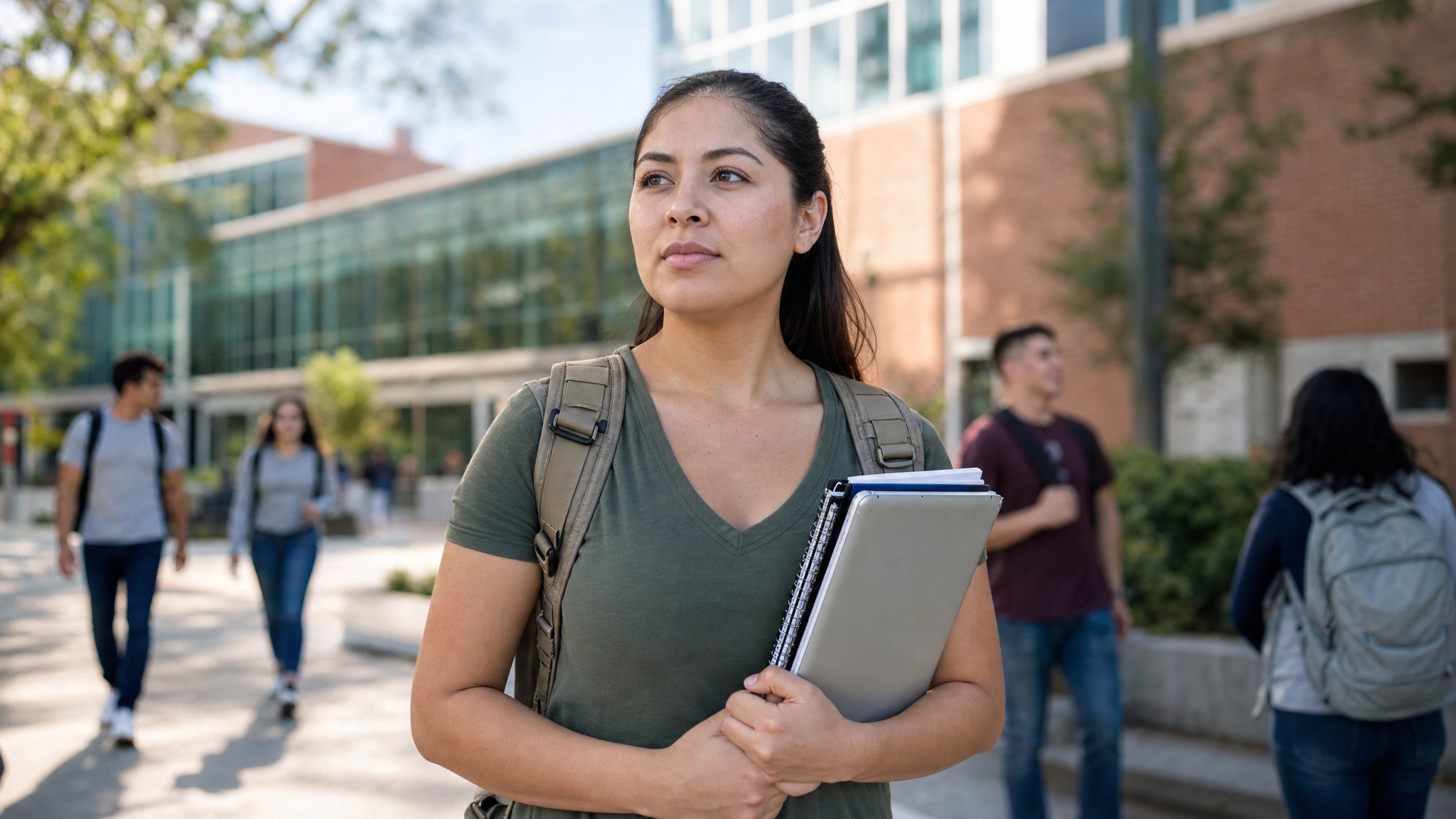 A military veteran returning to college, walking across campus with a laptop and books