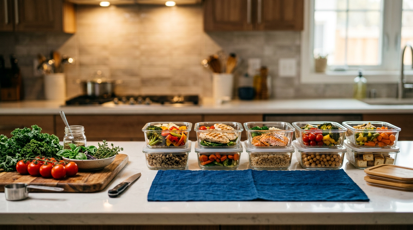 Meal-prep organizado na bancada representando rotina de preparação