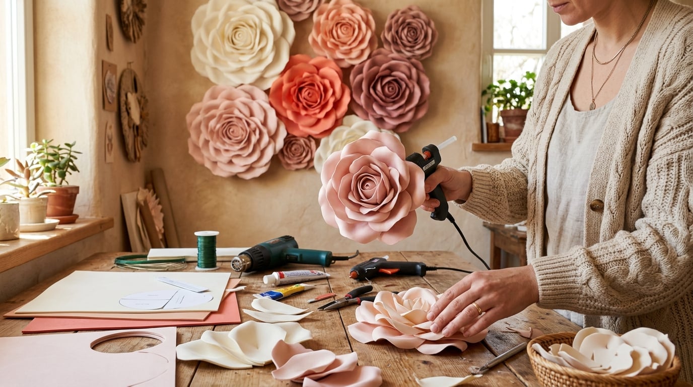 Hands shaping and mounting pre-cut EVA foam petals into giant flowers on a wall during assembly