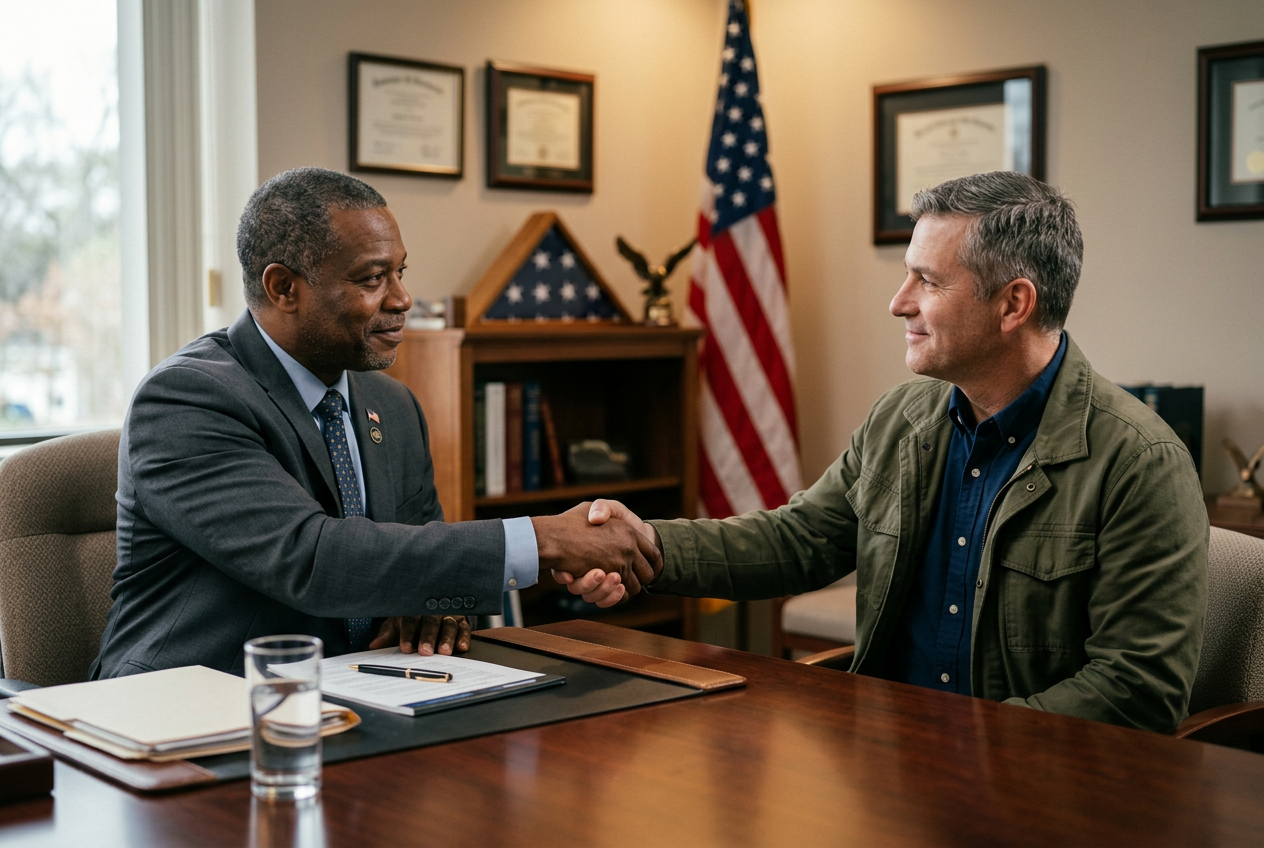An accredited advocate talking straight with a veteran across a desk with a handshake of trust