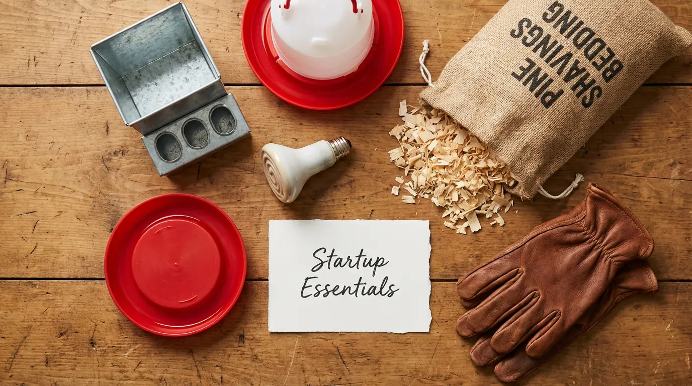 Flat-lay of essential supplies for starting backyard chickens including feeder, waterer, bedding, and checklist