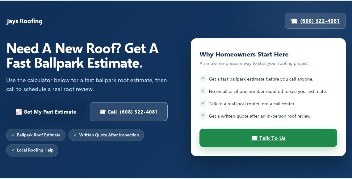 Screenshot of the hero section of Jay's roofing lead page demo, showing the headline, a call button, and a fast ballpark estimate button